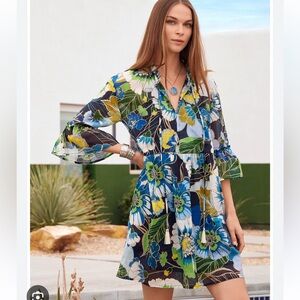 JOHNNY WAS Women's Jenn High Low Mini Dress Blue Green Linen Flora